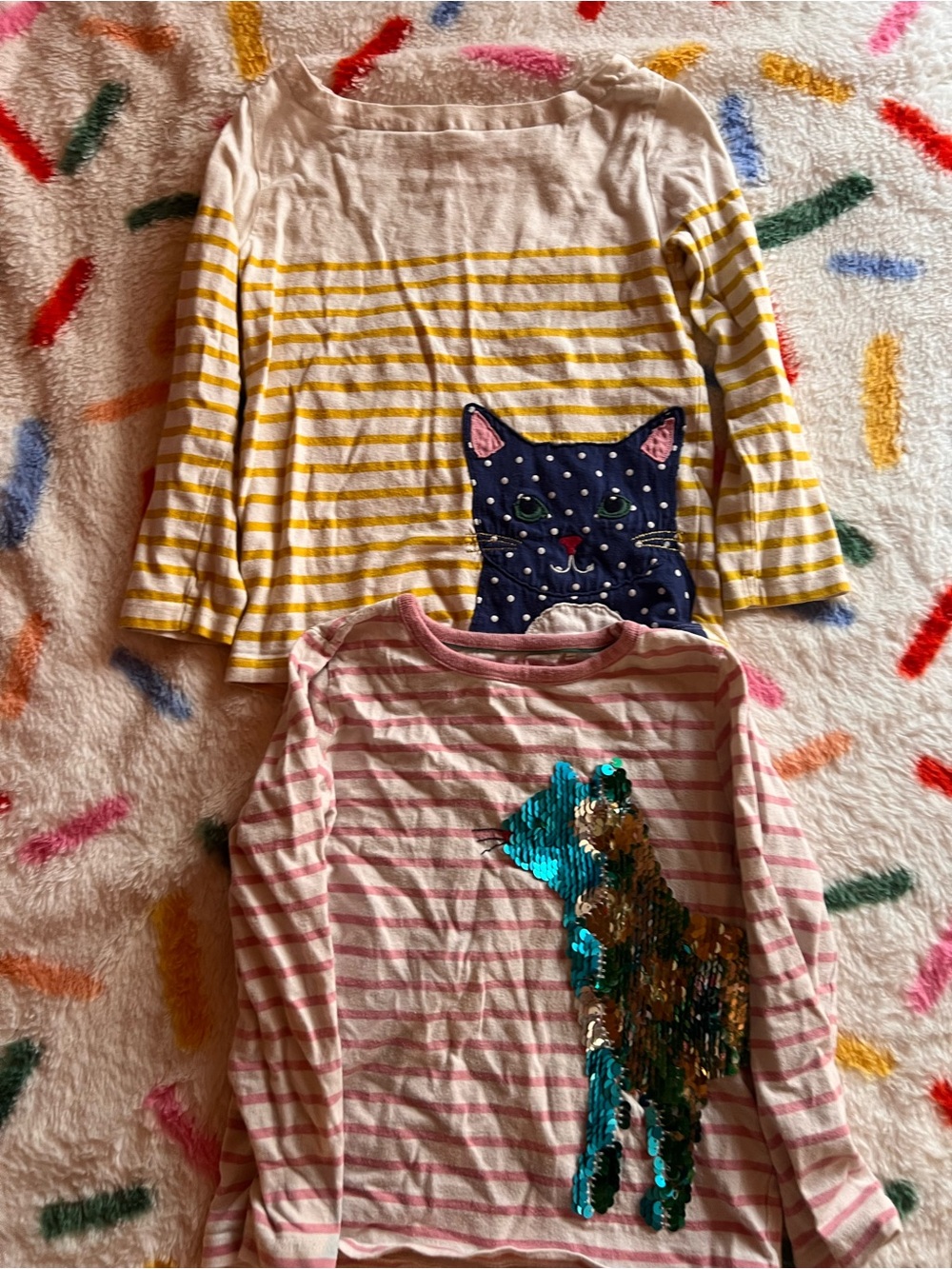 Mini Boden Yellow Stripe Long Sleeve Top with Navy Cat & Pink Sequin Stripe Tee